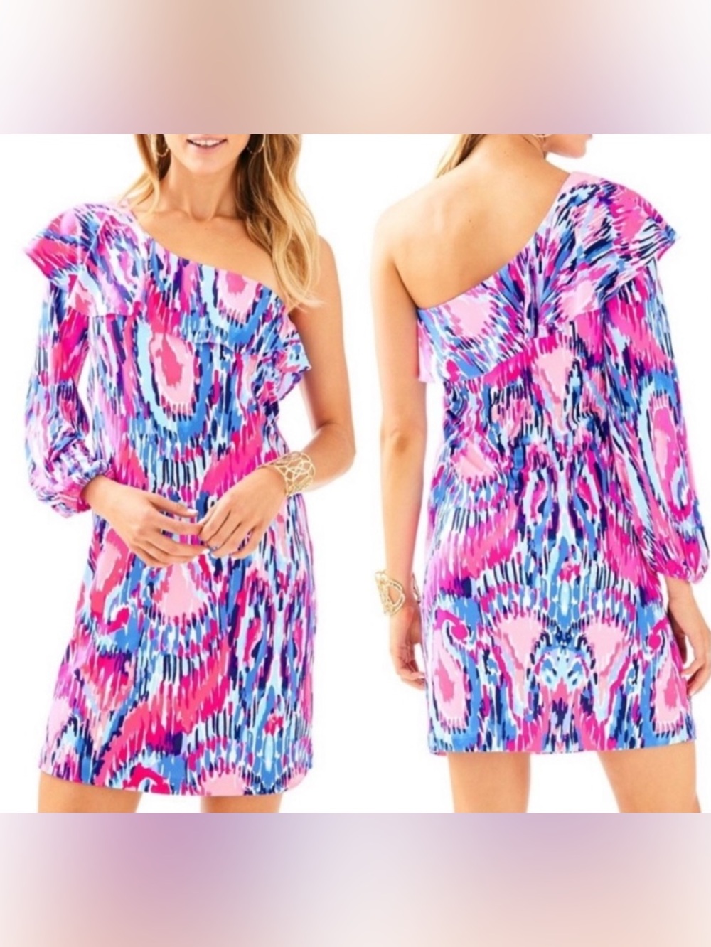 Lilly Pulitzer Amante Silk Jersey One Shoulder Long Sleeve Flounce Dress Small